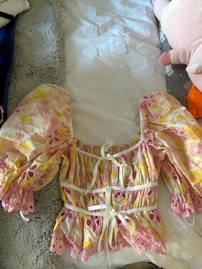 For Love & Lemons Pink and Yellow Floral Puff Sleeve Crop Top
